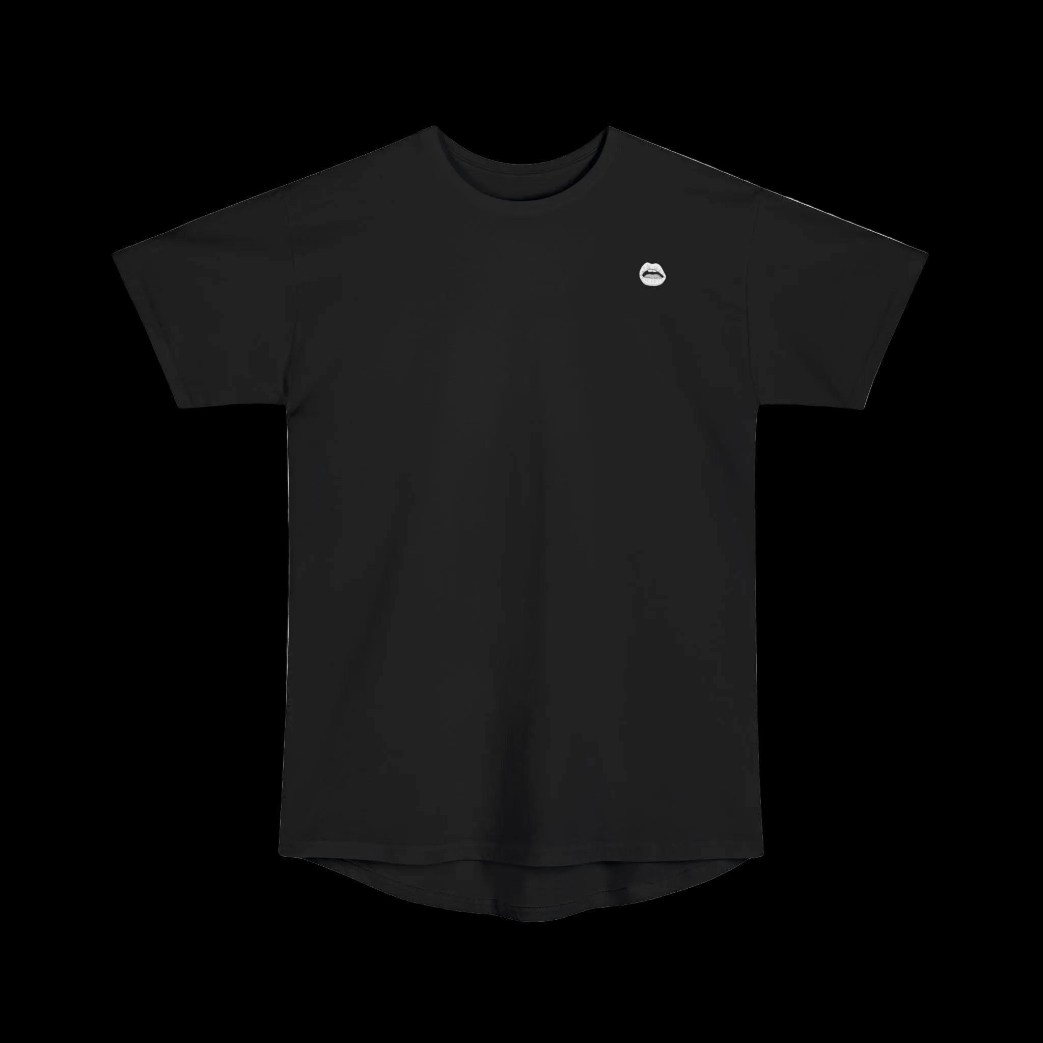 Black t-shirt with a small logo on a white background