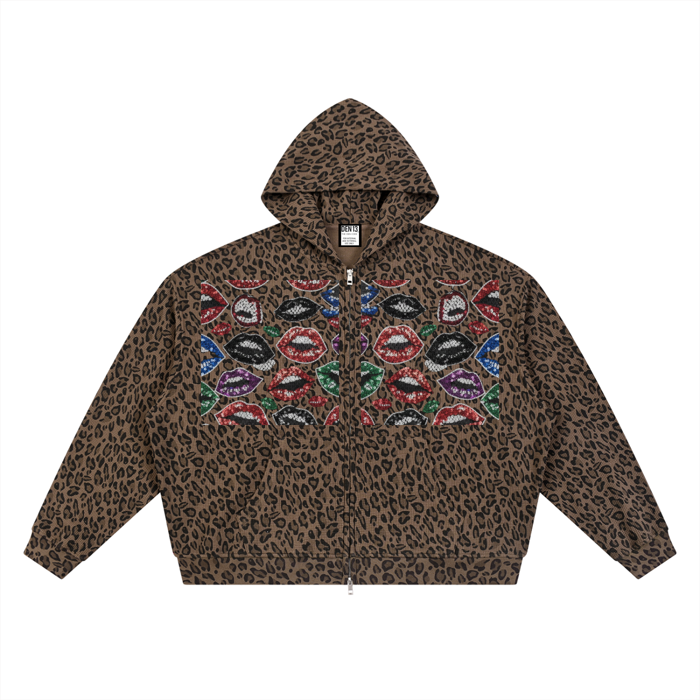 Unisex Leopard Print Waffle Full Zip Hoodie