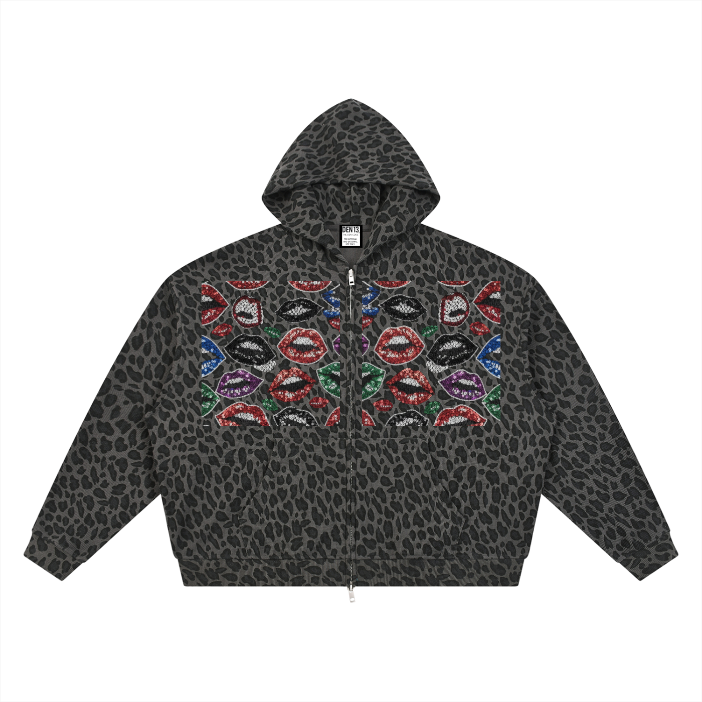 Unisex Leopard Print Waffle Full Zip Hoodie