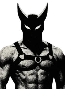 Black and white silhouette of a muscular figure with a harness on a gray background