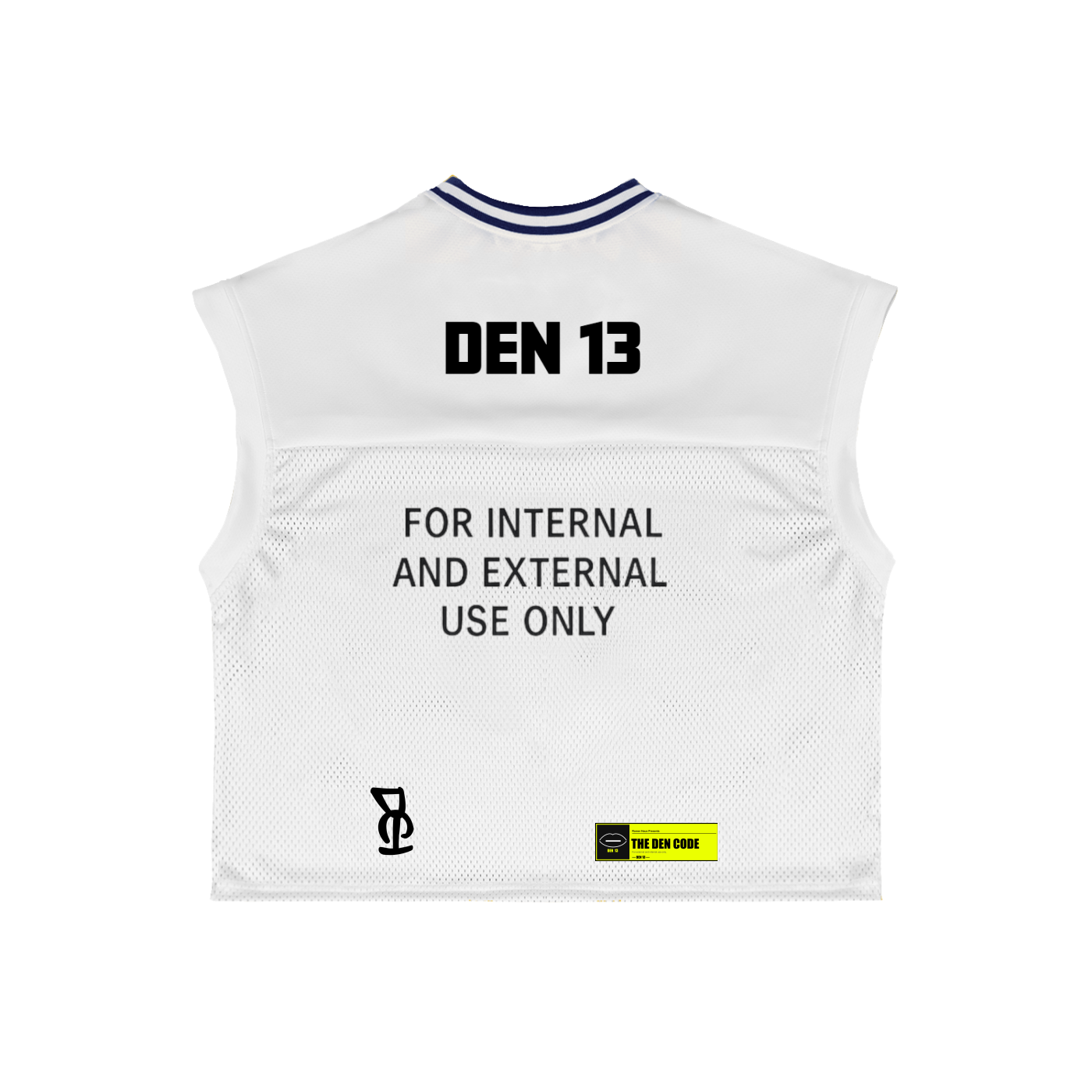 White sleeveless vest with text and branding on a white background