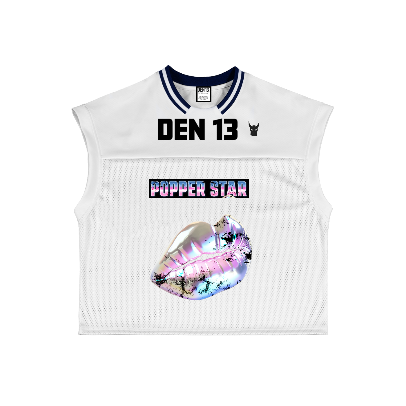 White sleeveless sports top with colorful lip graphic and text on a white background