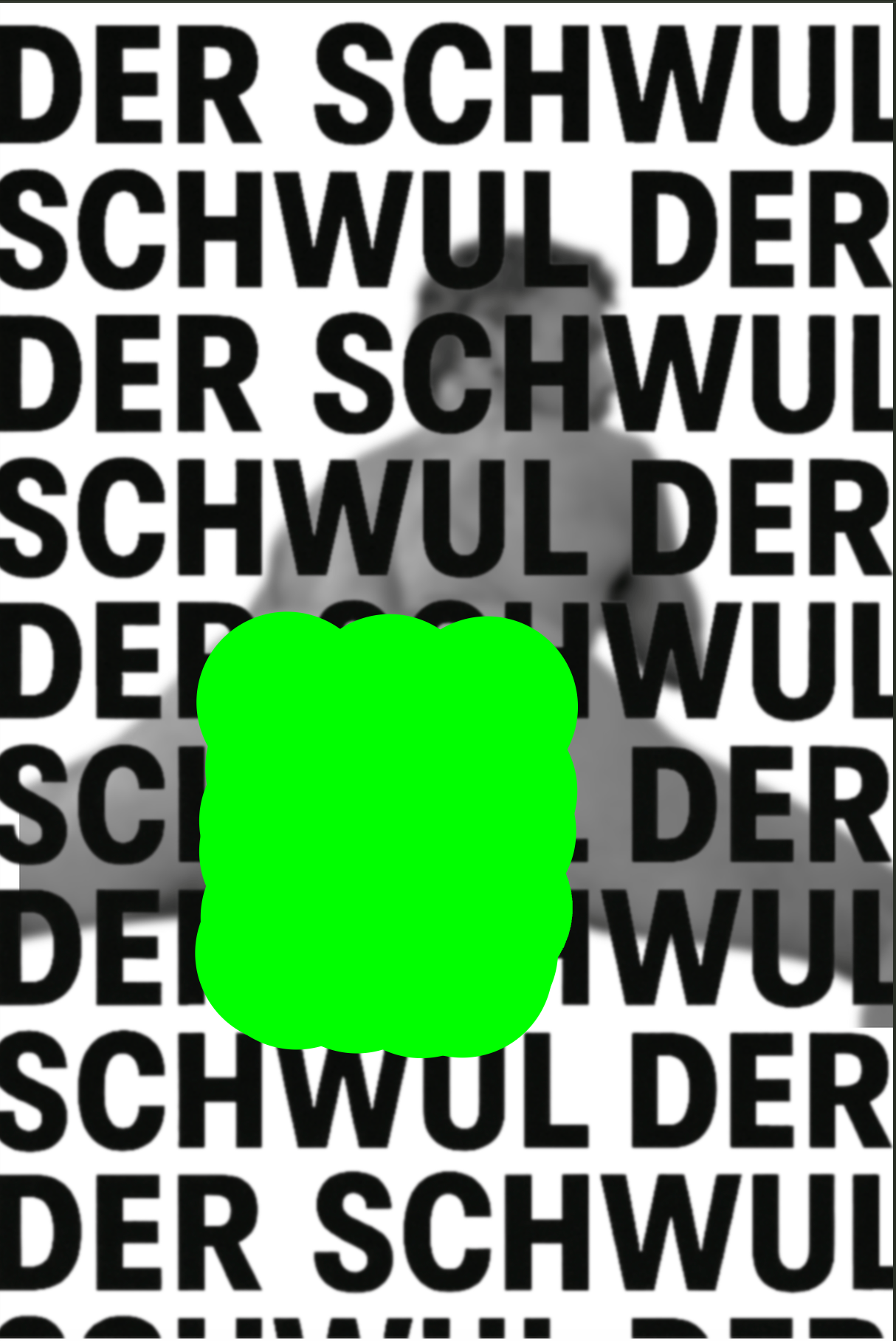 Person with blurred face against a background of repeated 'DER SCHWUL' text