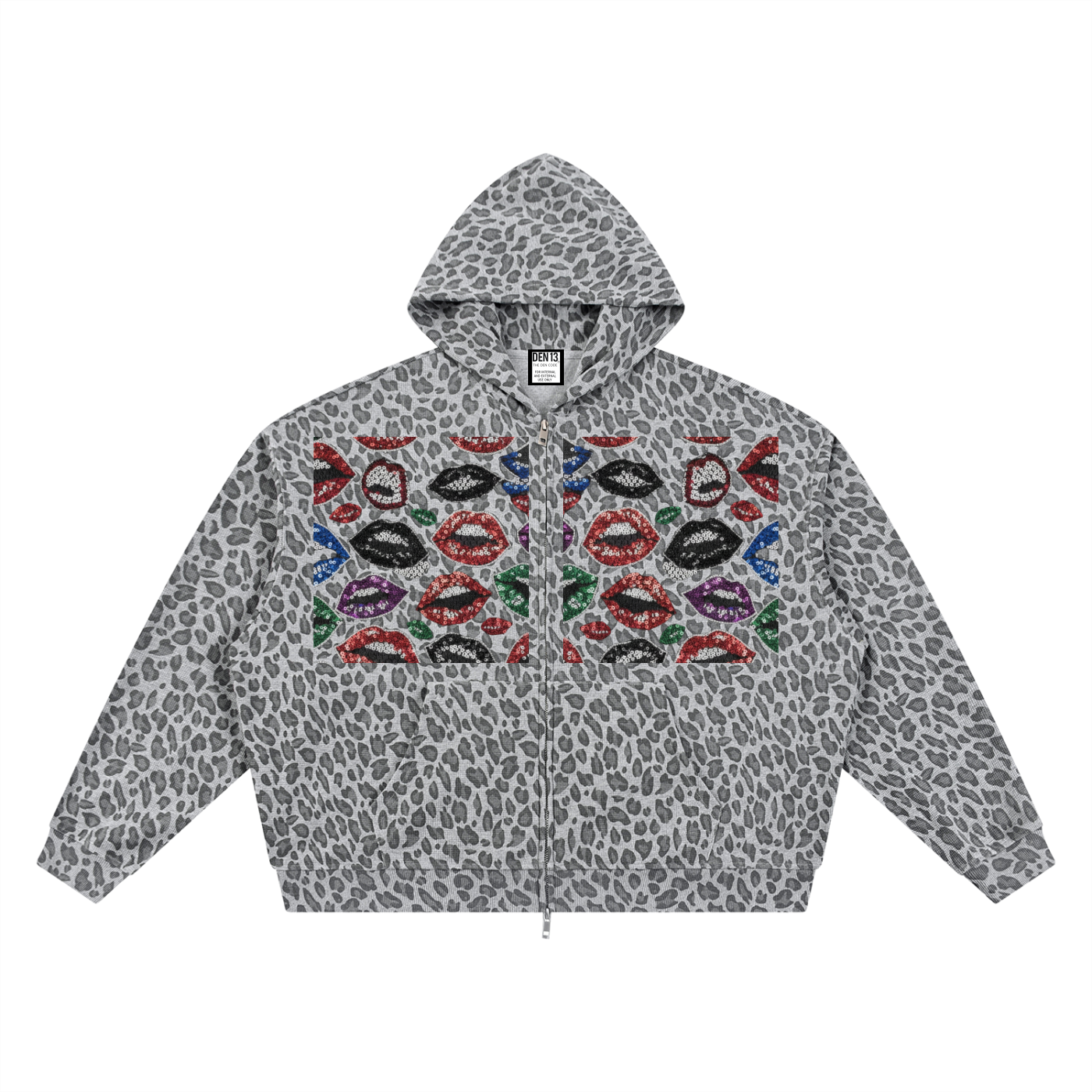 Unisex Leopard Print Waffle Full Zip Hoodie