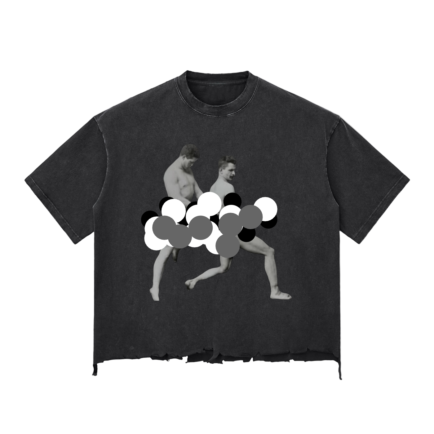 Black t-shirt with graphic design of two figures and abstract shapes on a white background censored 